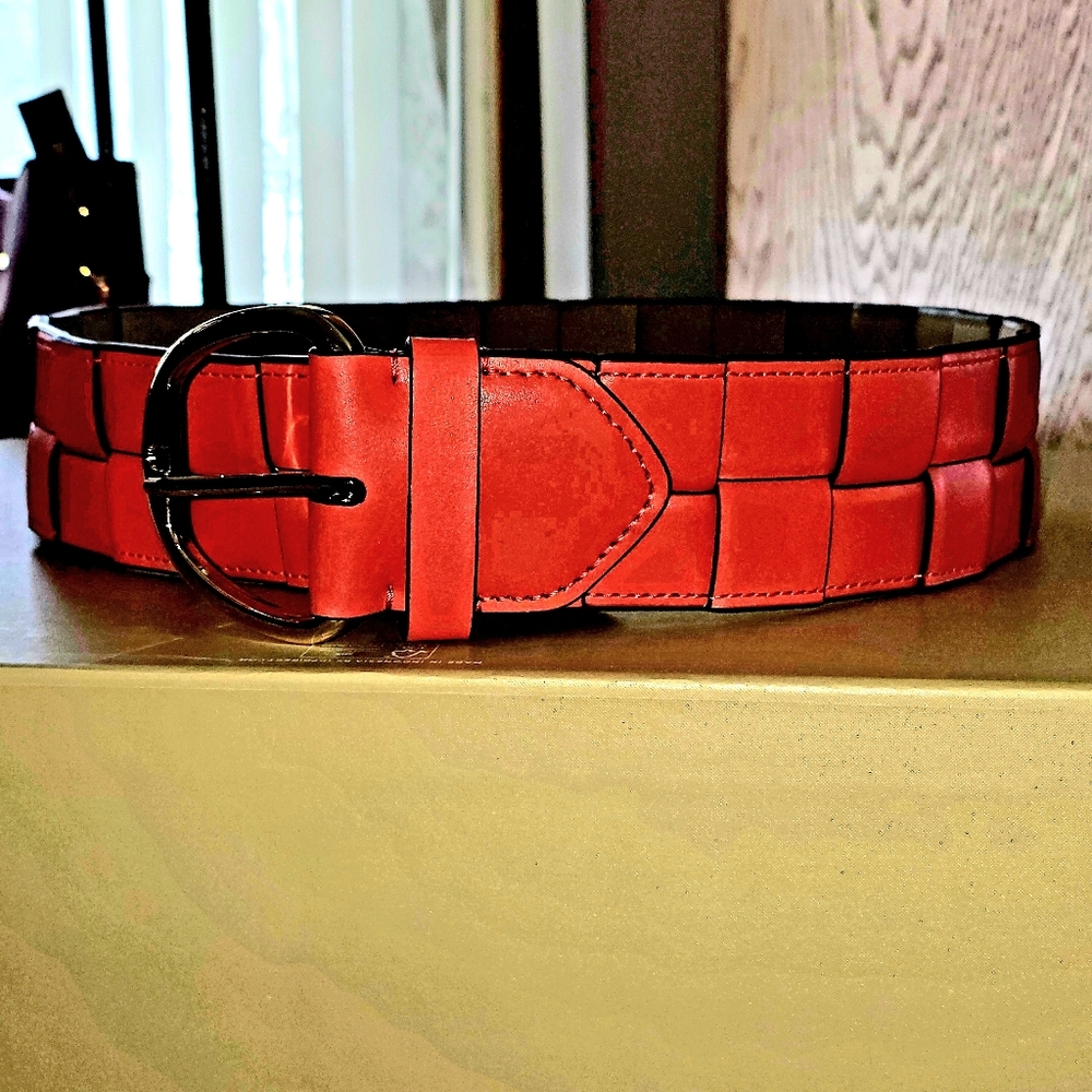 MICHAEL Michael Kors Woven Leather Belt In Optic Orange Size S/M - Picture 2 of 4